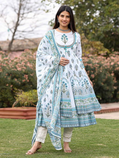 Ethnic Motif Print Cotton Cambric Anarkali Kurta & Kota Doria Dupatta & Pants With Tread Embroidery