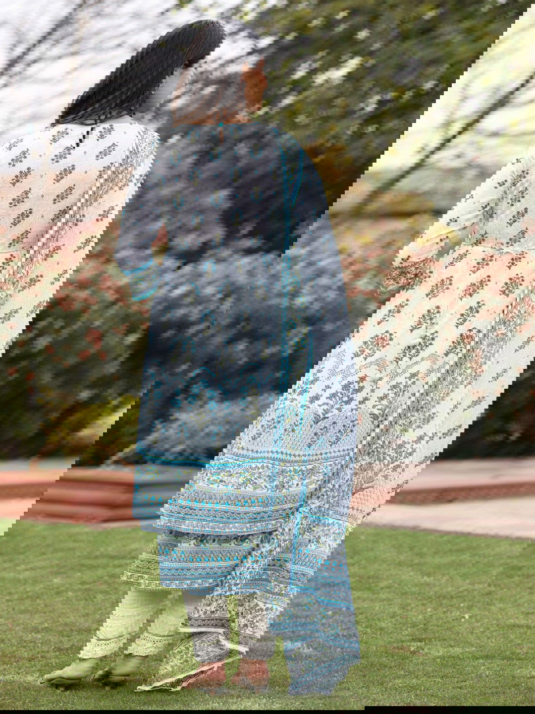 Ethnic Motif Print Cotton Cambric Anarkali Kurta & Kota Doria Dupatta & Pants With Tread Embroidery