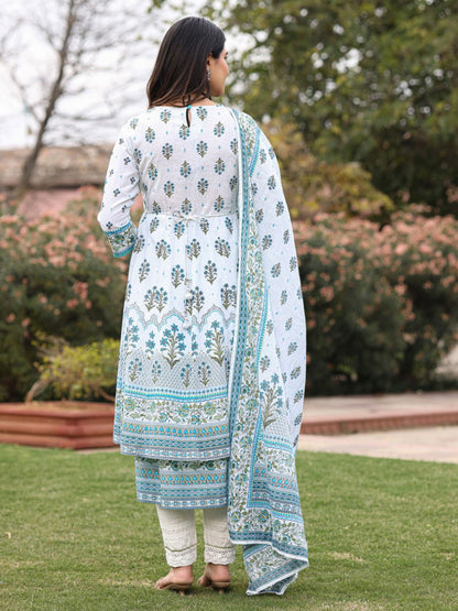 Ethnic Motif Print Cotton Cambric Anarkali Kurta & Kota Doria Dupatta & Pants With Tread Embroidery