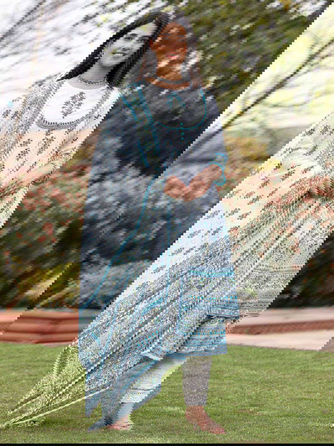 Ethnic Motif Print Cotton Cambric Anarkali Kurta & Kota Doria Dupatta & Pants With Tread Embroidery