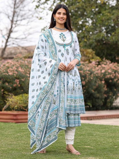 Ethnic Motif Print Cotton Cambric Anarkali Kurta & Kota Doria Dupatta & Pants With Tread Embroidery