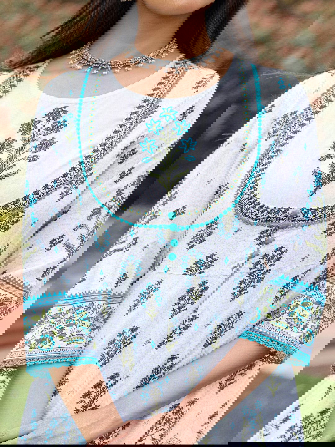 Ethnic Motif Print Cotton Cambric Anarkali Kurta & Kota Doria Dupatta & Pants With Tread Embroidery