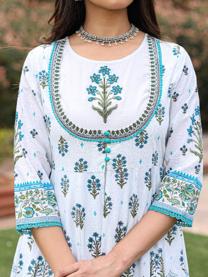 Ethnic Motif Print Cotton Cambric Anarkali Kurta & Kota Doria Dupatta & Pants With Tread Embroidery