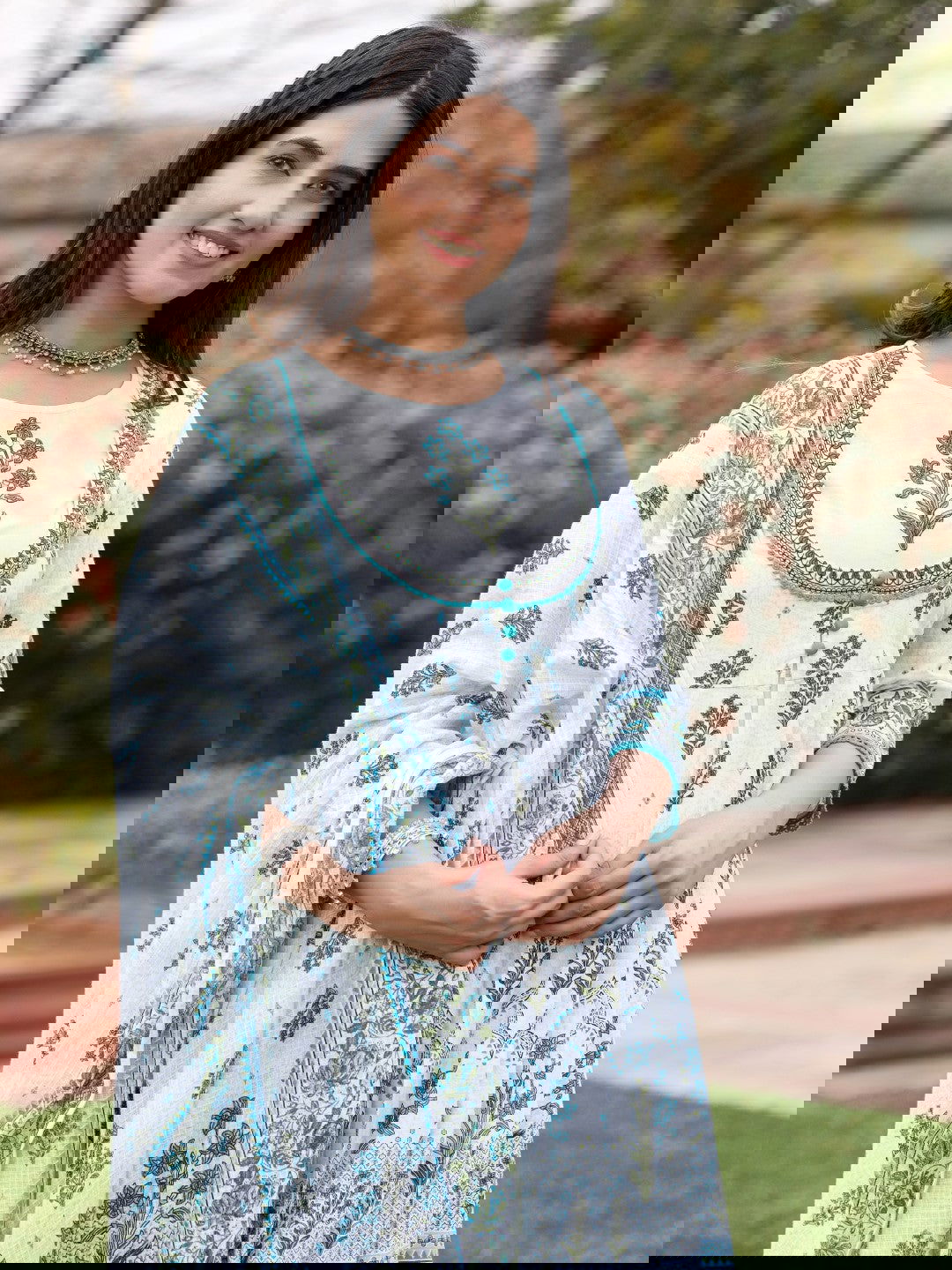 Ethnic Motif Print Cotton Cambric Anarkali Kurta & Kota Doria Dupatta & Pants With Tread Embroidery