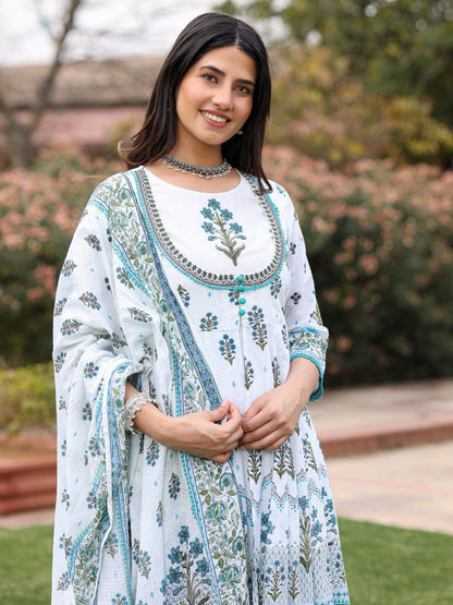 Ethnic Motif Print Cotton Cambric Anarkali Kurta & Kota Doria Dupatta & Pants With Tread Embroidery
