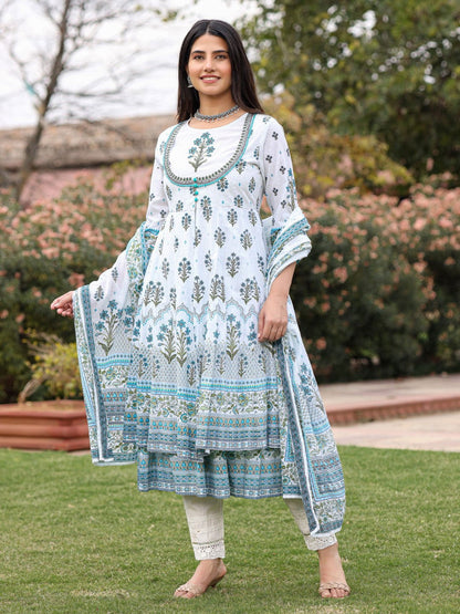 Ethnic Motif Print Cotton Cambric Anarkali Kurta & Kota Doria Dupatta & Pants With Tread Embroidery