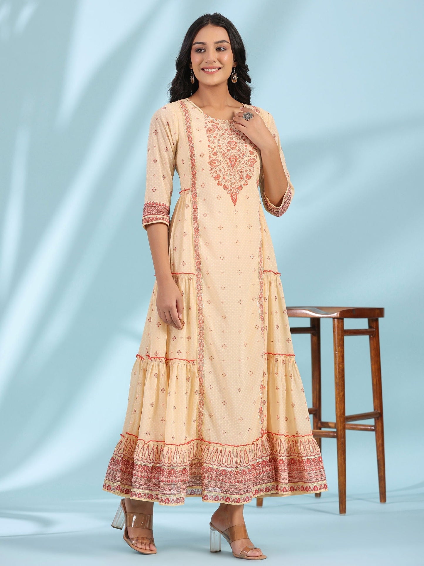 Festive Ivory Ethnic Motif Printed Tiered Dress With Sequins & Beadwork