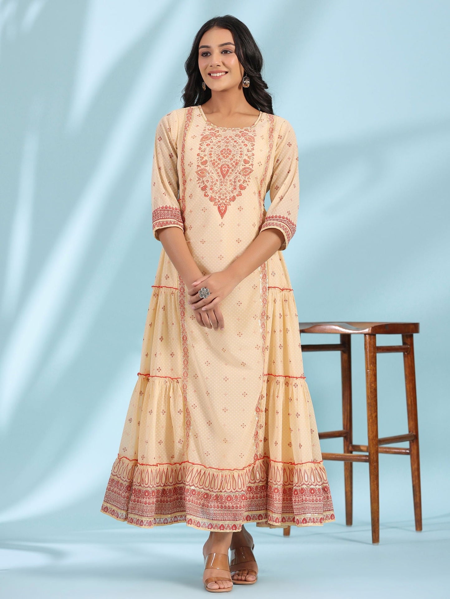 Festive Ivory Ethnic Motif Printed Tiered Dress With Sequins & Beadwork