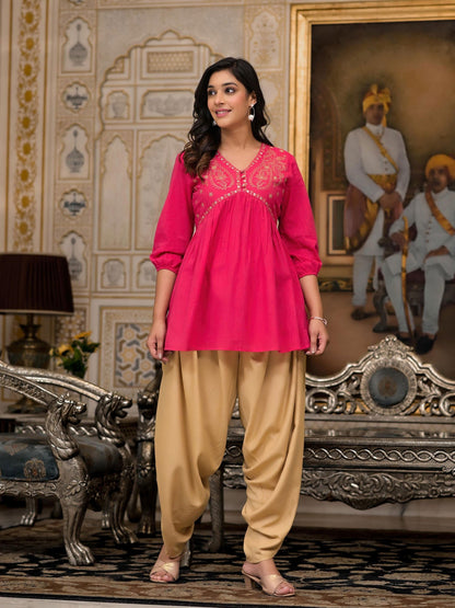 Fuchsia Embroidered Cotton Women Tunic And Pant Co-Ord Set With Mirror & Zari Work
