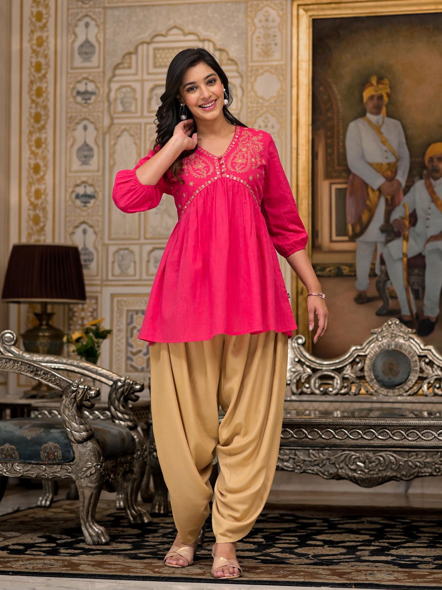 Fuchsia Embroidered Cotton Women Tunic And Pant Co-Ord Set With Mirror & Zari Work