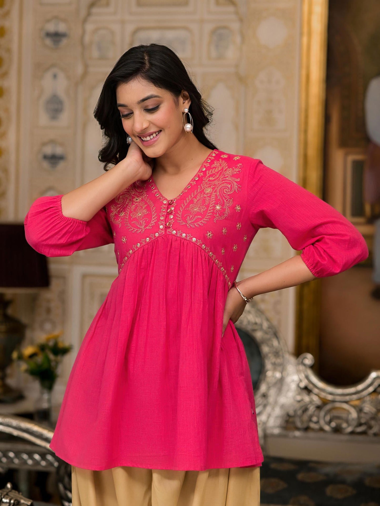 Fuchsia Embroidered Cotton Women Tunic And Pant Co-Ord Set With Mirror & Zari Work