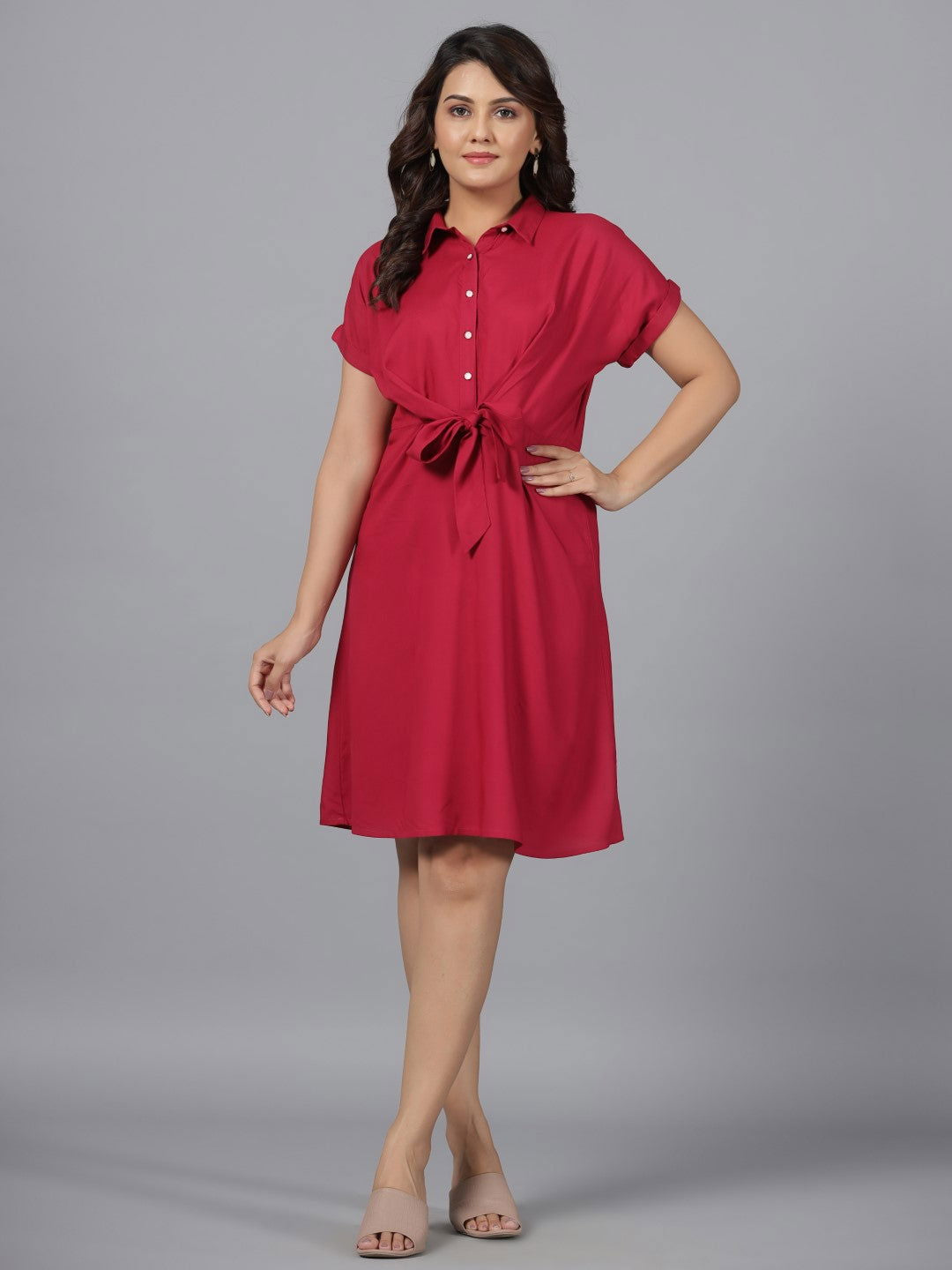 Fuchsia Solid Rayon A-Line Short Fusion Dress With Front Tie-Up