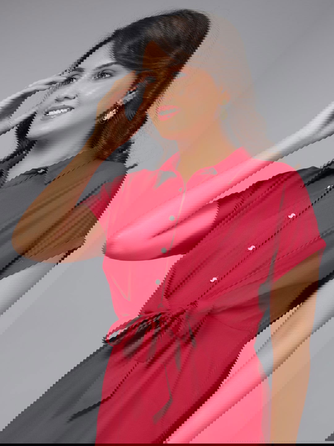 Fuchsia Solid Rayon A-Line Short Fusion Dress With Front Tie-Up