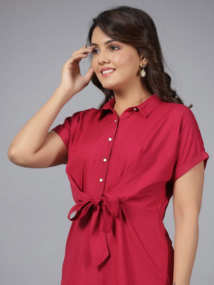 Fuchsia Solid Rayon A-Line Short Fusion Dress With Front Tie-Up