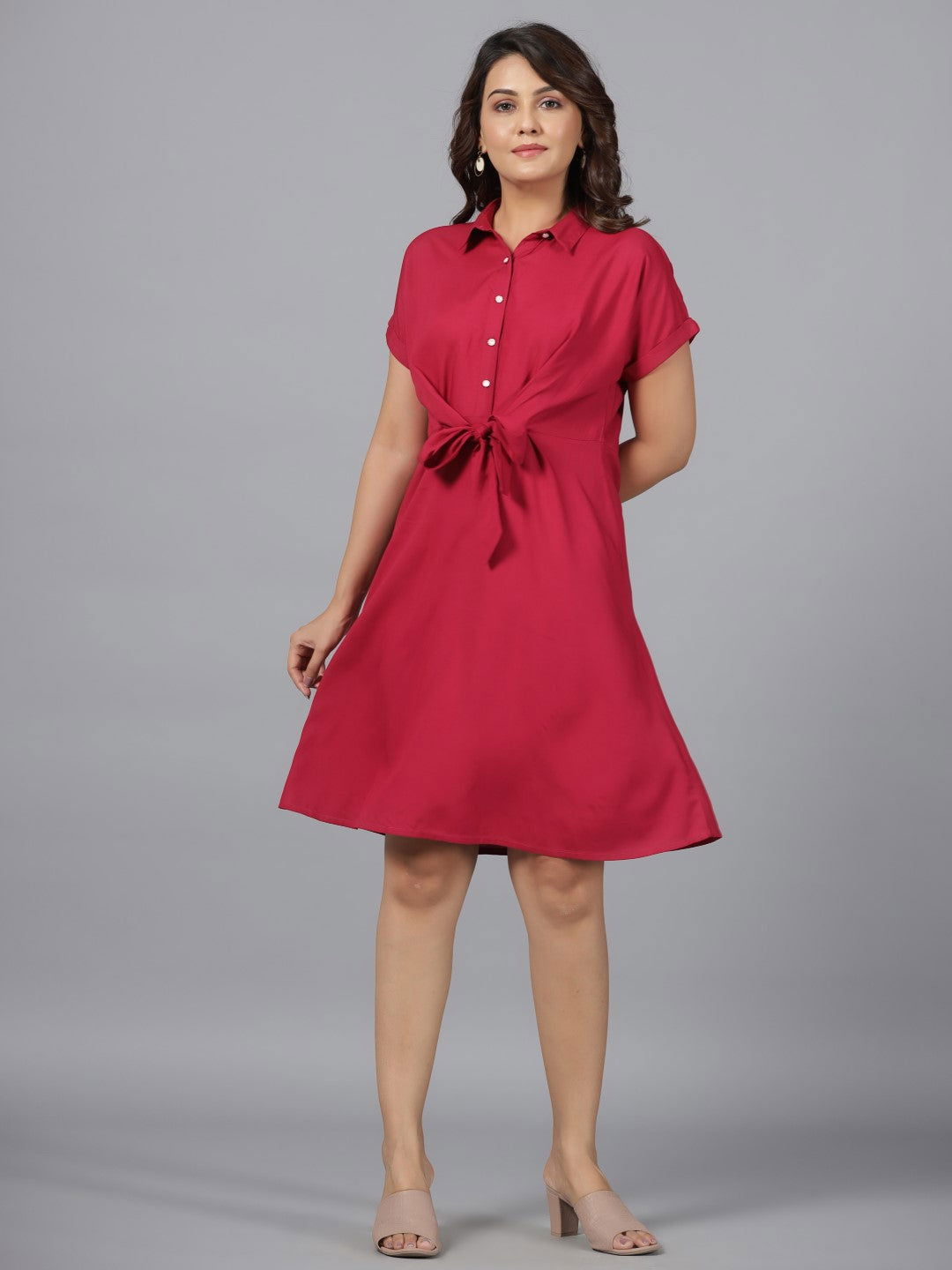 Fuchsia Solid Rayon A-Line Short Fusion Dress With Front Tie-Up
