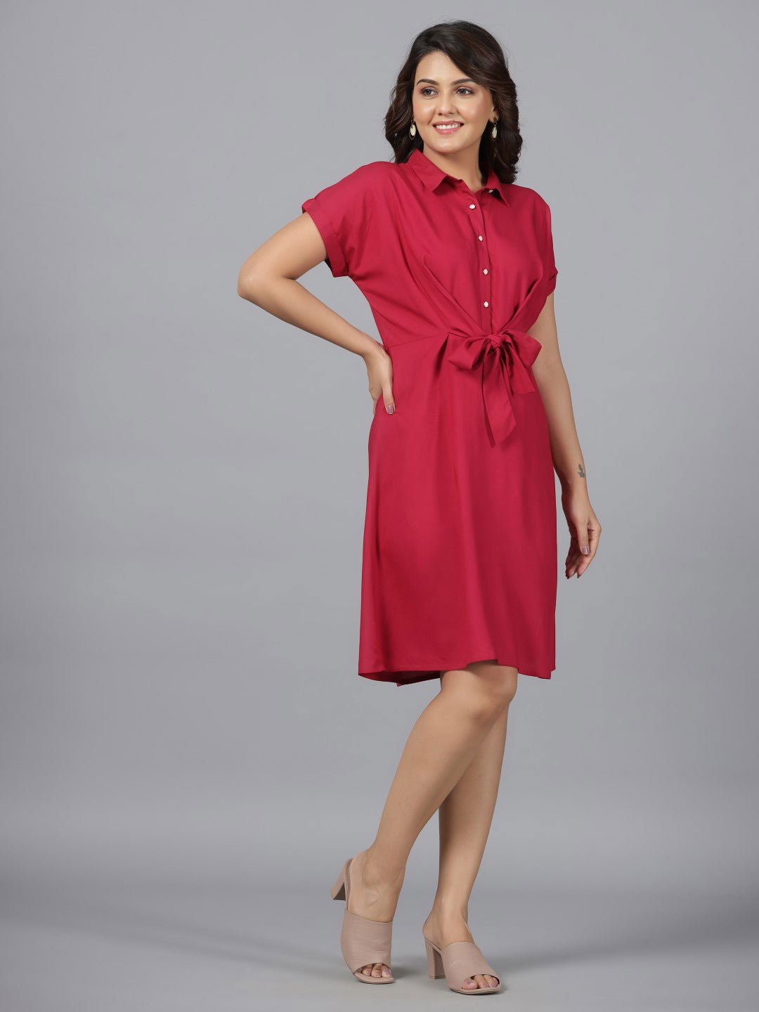 Fuchsia Solid Rayon A-Line Short Fusion Dress With Front Tie-Up