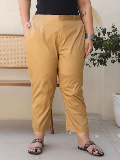 Gold Solid Lycra Women Drawstring Plus Size Pants With Single Side Pocket