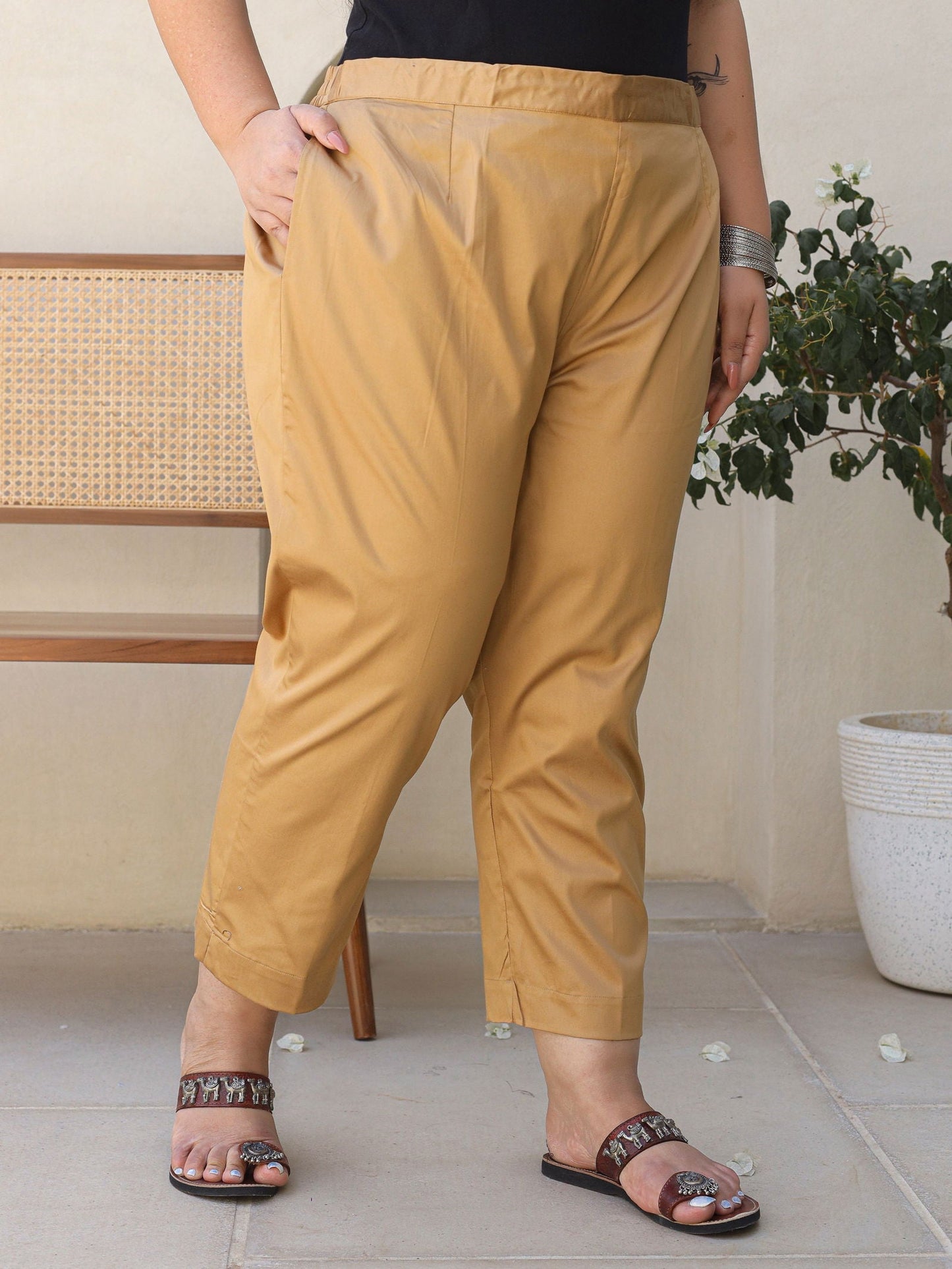 Gold Solid Lycra Women Drawstring Plus Size Pants With Single Side Pocket