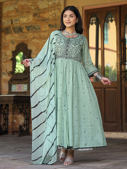 Green & Black Cotton  Embroidered Anarkali Dress With Jacket & Tie-Dye Dupatta