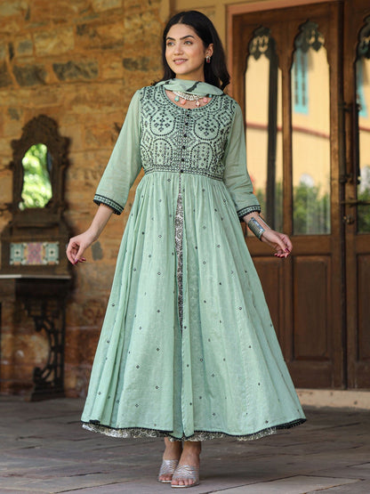 Green & Black Cotton  Embroidered Anarkali Dress With Jacket & Tie-Dye Dupatta
