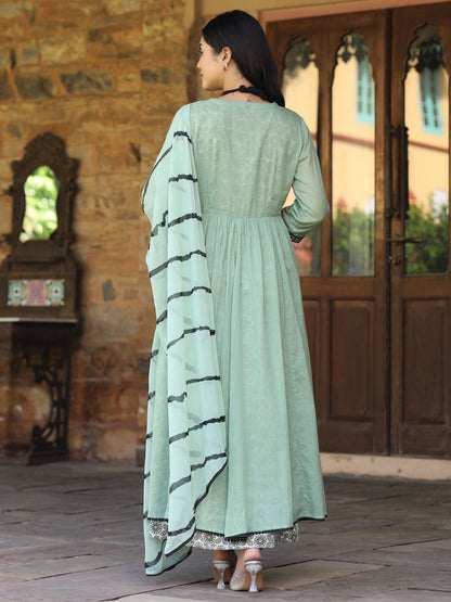 Green & Black Cotton  Embroidered Anarkali Dress With Jacket & Tie-Dye Dupatta