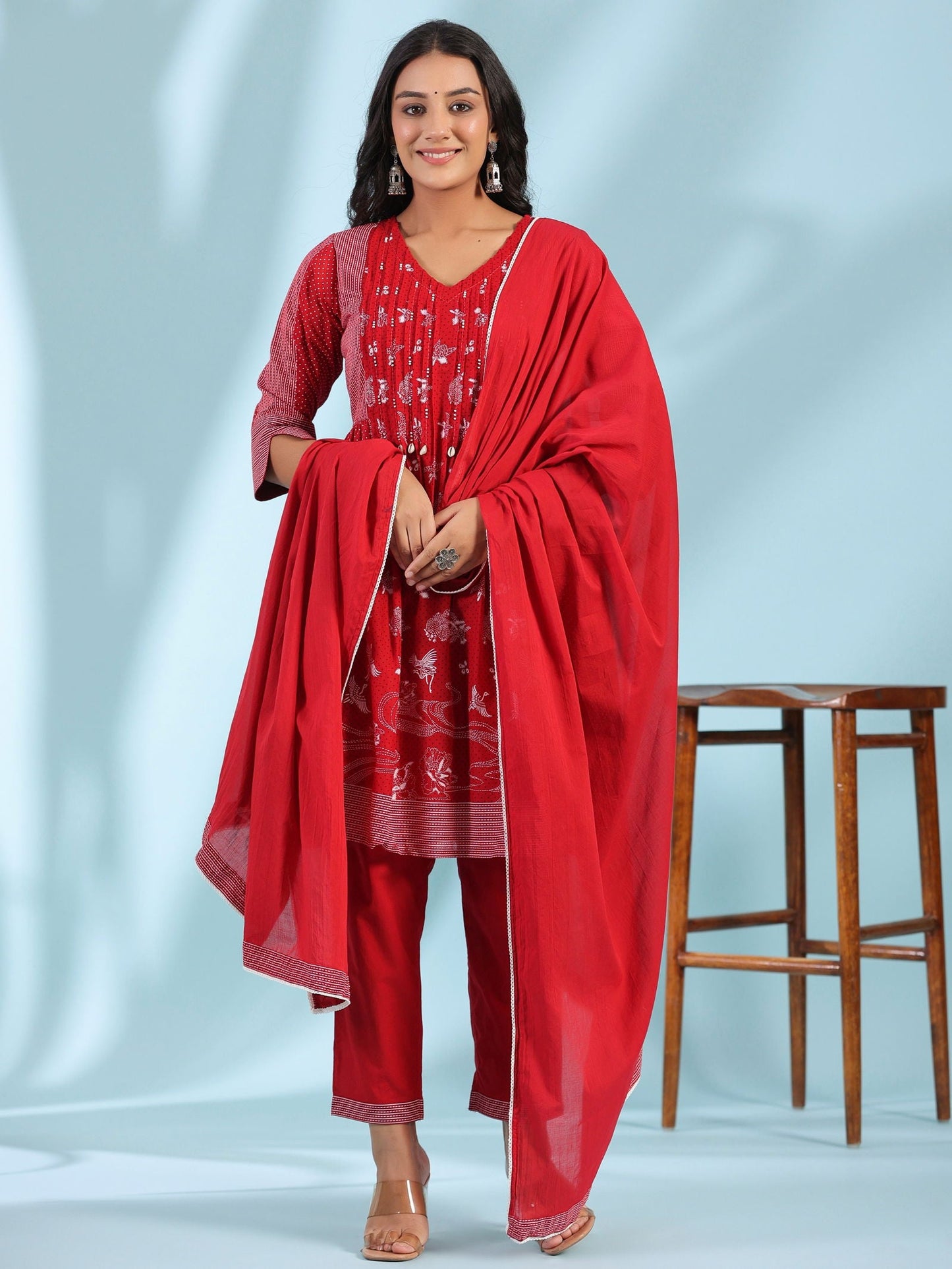 Red Ethnic Motif Printed Cotton Voile Kurta With Pant Dupatta With Pintucks At Front & Beadwork