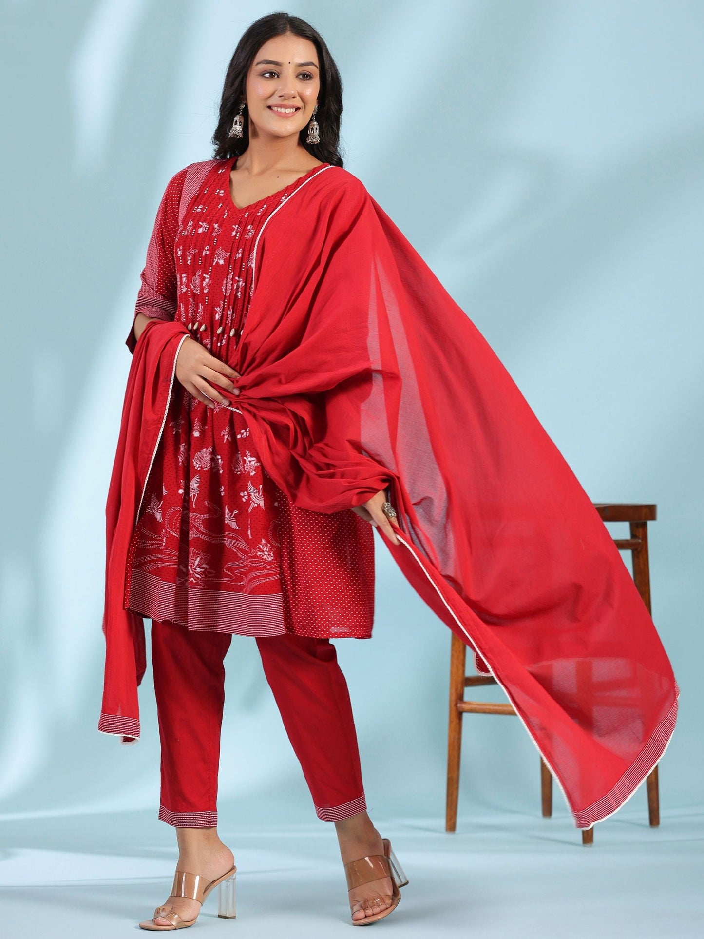 Red Ethnic Motif Printed Cotton Voile Kurta With Pant Dupatta With Pintucks At Front & Beadwork
