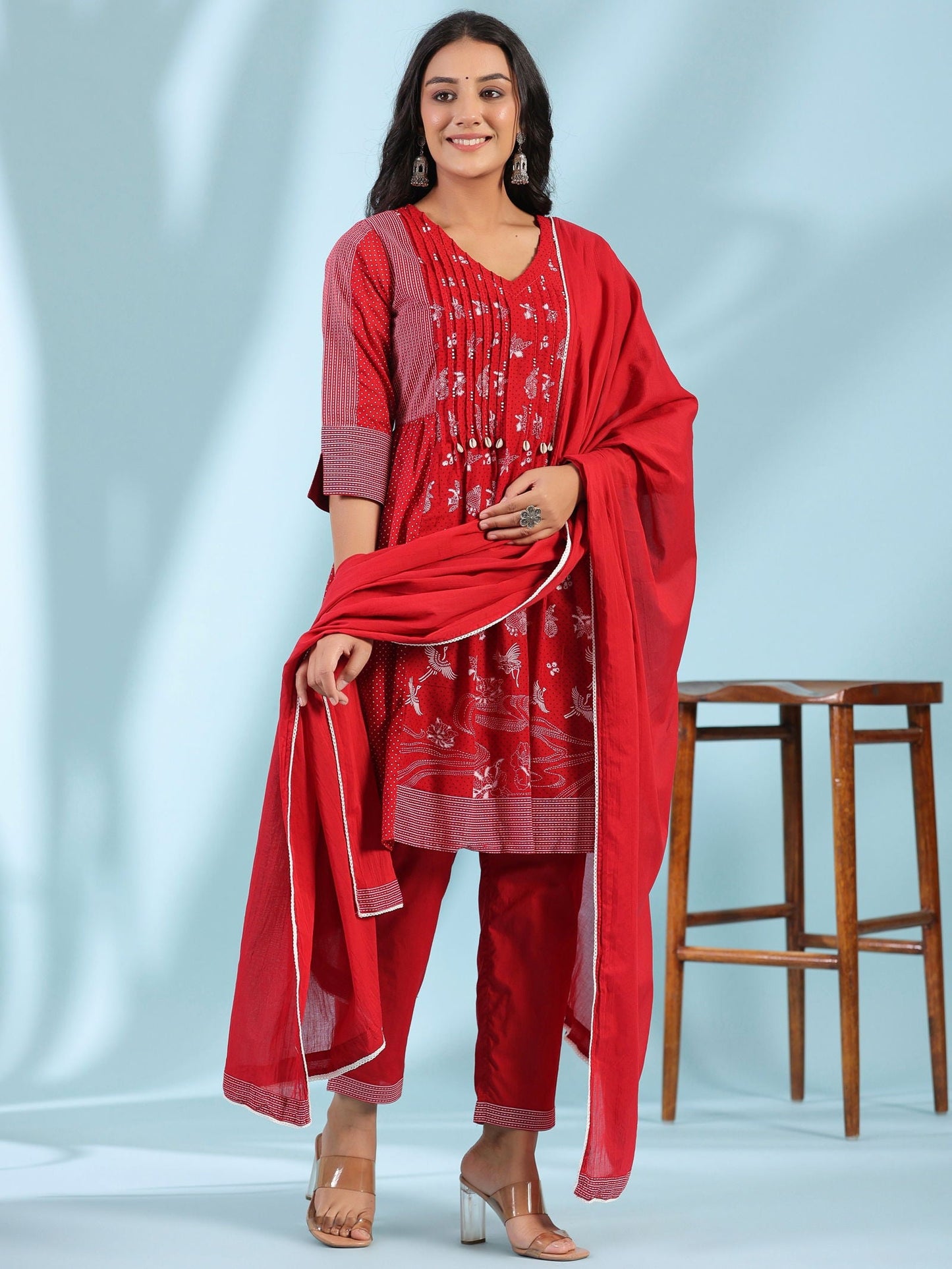Red Ethnic Motif Printed Cotton Voile Kurta With Pant Dupatta With Pintucks At Front & Beadwork