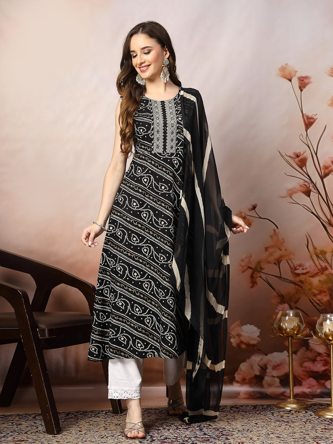 Black Bandhani Printed & Embroidered Rayon A-Line Kurta Dupatta Set (Pre-Order)
