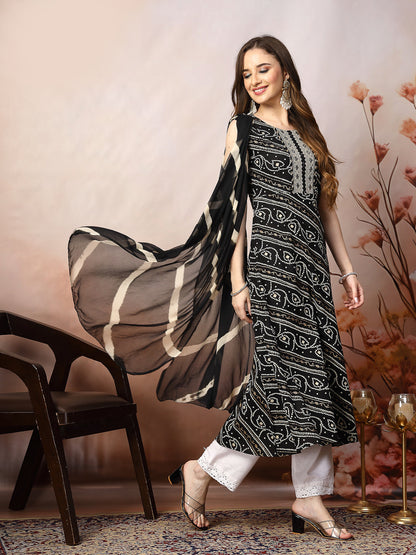 Black Bandhani Printed & Embroidered Rayon A-Line Kurta Dupatta Set (Pre-Order)