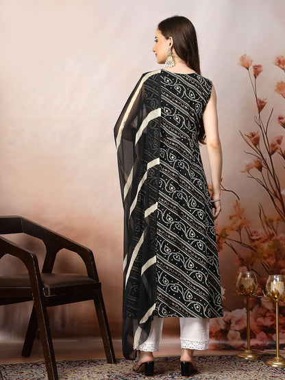 Black Bandhani Printed & Embroidered Rayon A-Line Kurta Dupatta Set (Pre-Order)