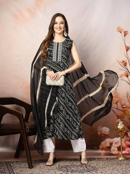 Black Bandhani Printed & Embroidered Rayon A-Line Kurta Dupatta Set (Pre-Order)