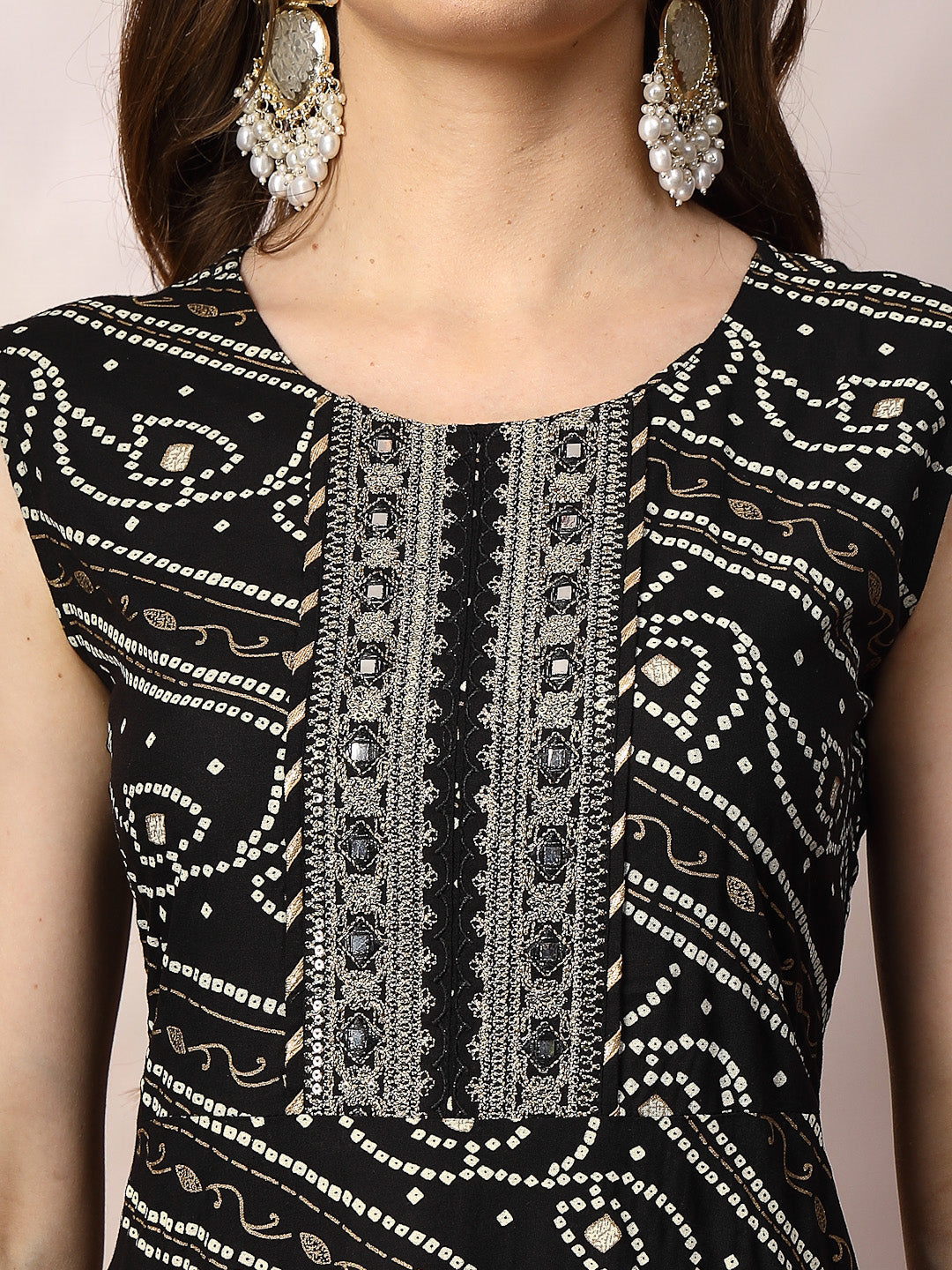 Black Bandhani Printed & Embroidered Rayon A-Line Kurta Dupatta Set (Pre-Order)