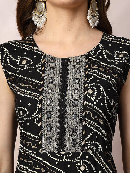 Black Bandhani Printed & Embroidered Rayon A-Line Kurta Dupatta Set (Pre-Order)