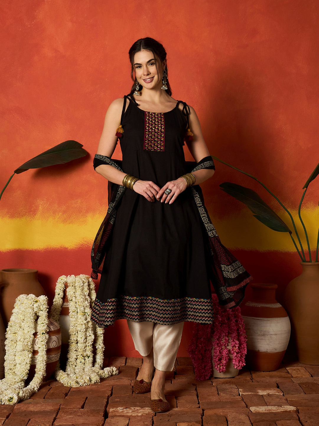 Solid &amp; Embroidered Rayon A-Line Kurta With Dupatta