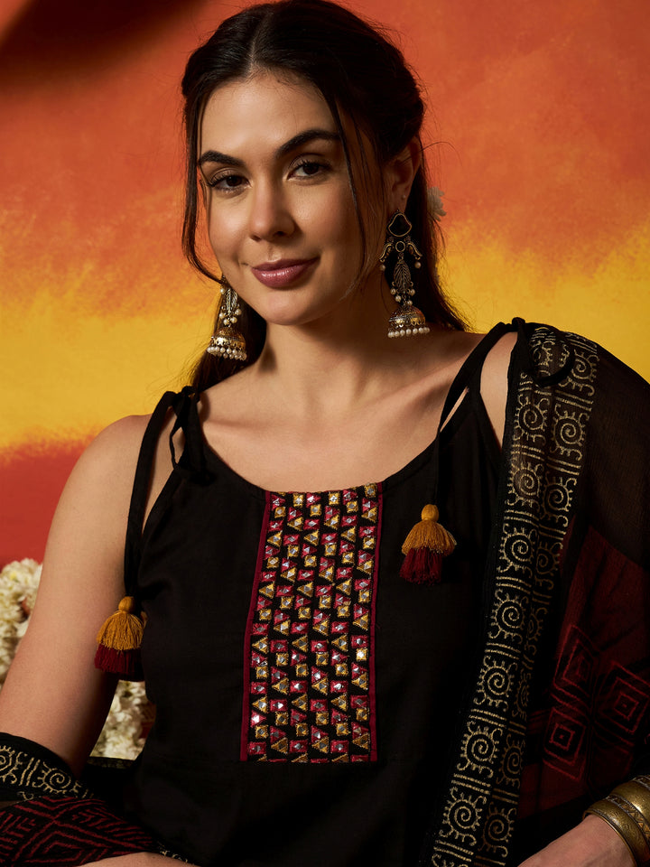 Solid &amp; Embroidered Rayon A-Line Kurta With Dupatta