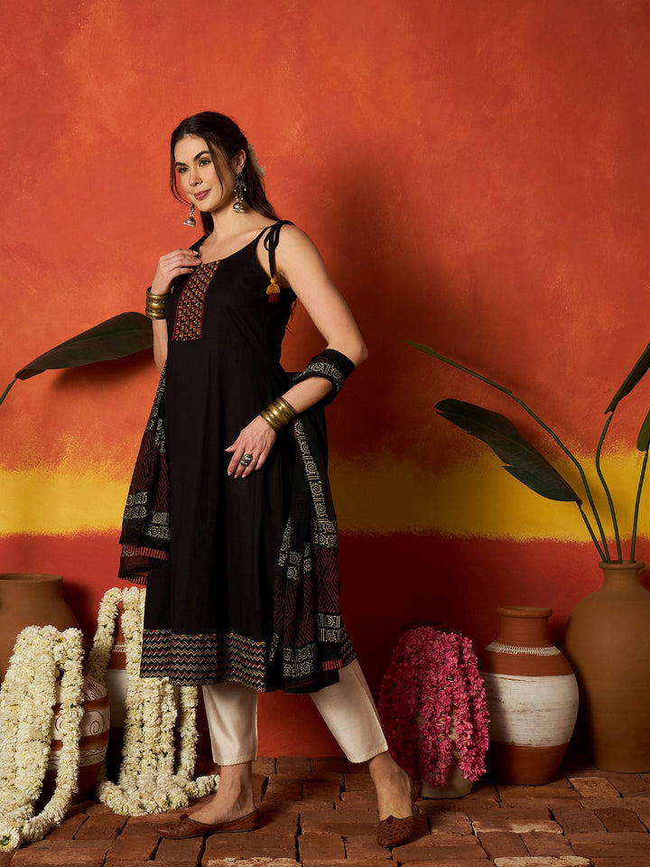 Solid &amp; Embroidered Rayon A-Line Kurta With Dupatta