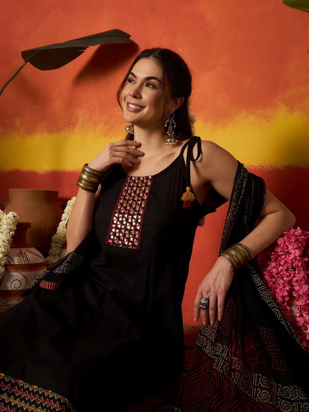 Solid &amp; Embroidered Rayon A-Line Kurta With Dupatta