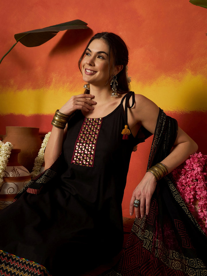Solid &amp; Embroidered Rayon A-Line Kurta With Dupatta