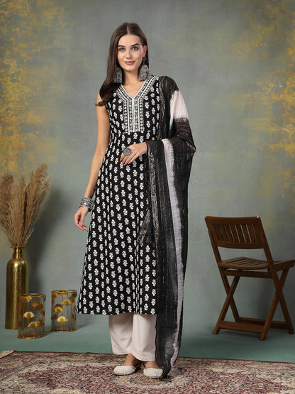 Black Printed & Embroidered Rayon A-Line Kurta Dupatta Set (Pre-Order)
