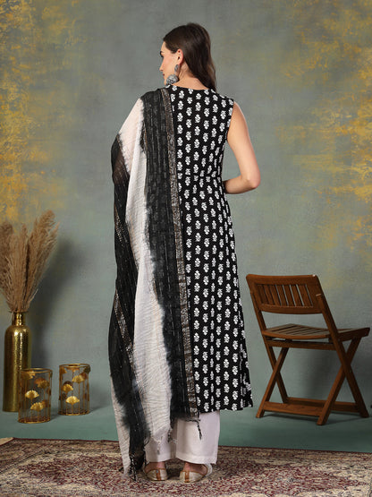Black Printed & Embroidered Rayon A-Line Kurta Dupatta Set (Pre-Order)