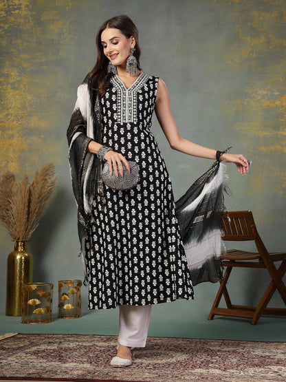 Black Printed & Embroidered Rayon A-Line Kurta Dupatta Set (Pre-Order)