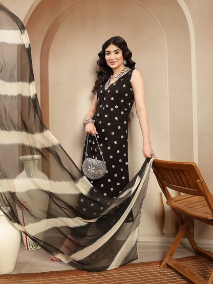 Black Floral Printed & Embroidered Rayon A-Line Kurta With Dupatta (Pre-Order)