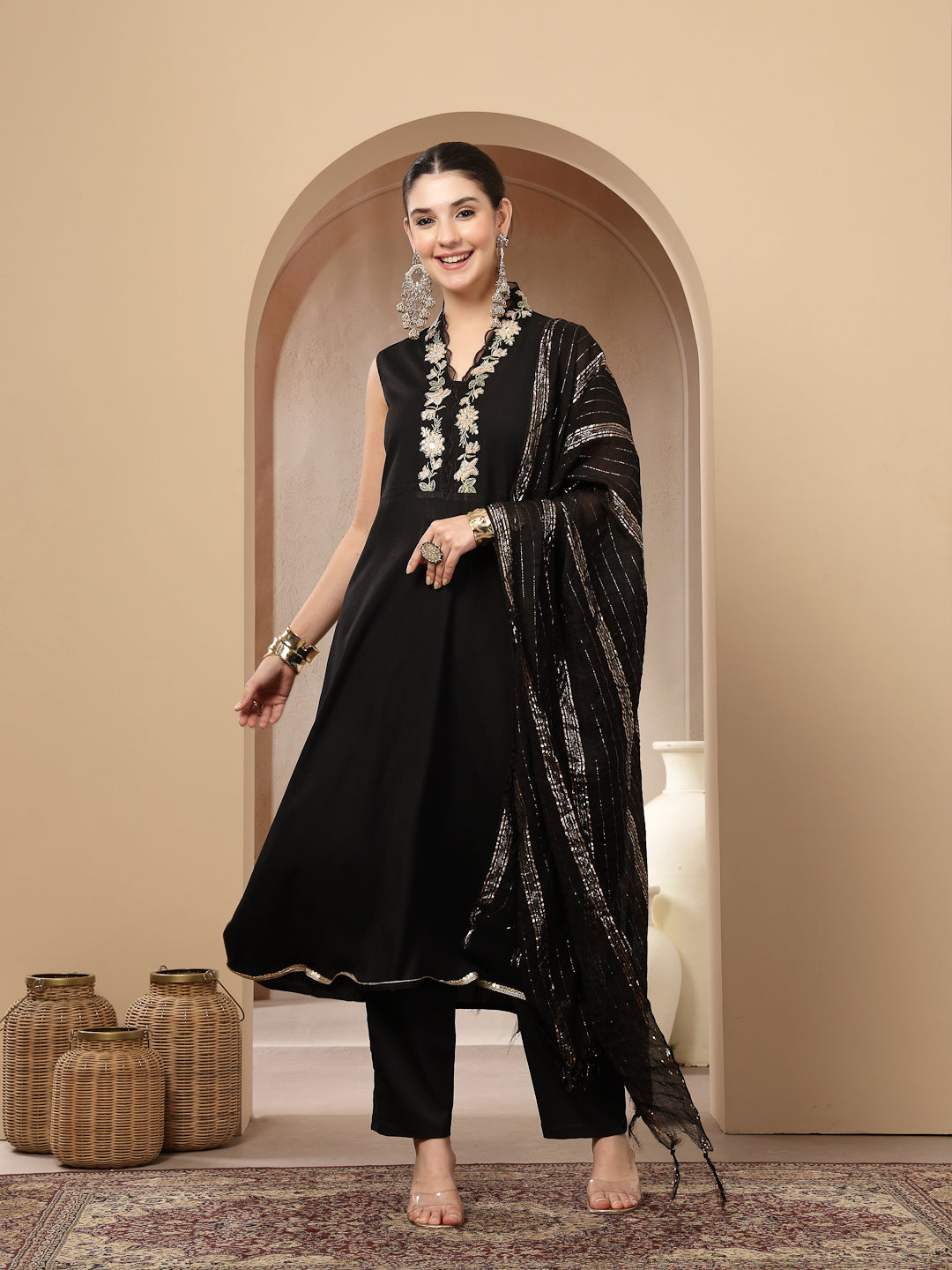 Black Solid & Embroidered Crepe A-Line Kurta With Dupatta