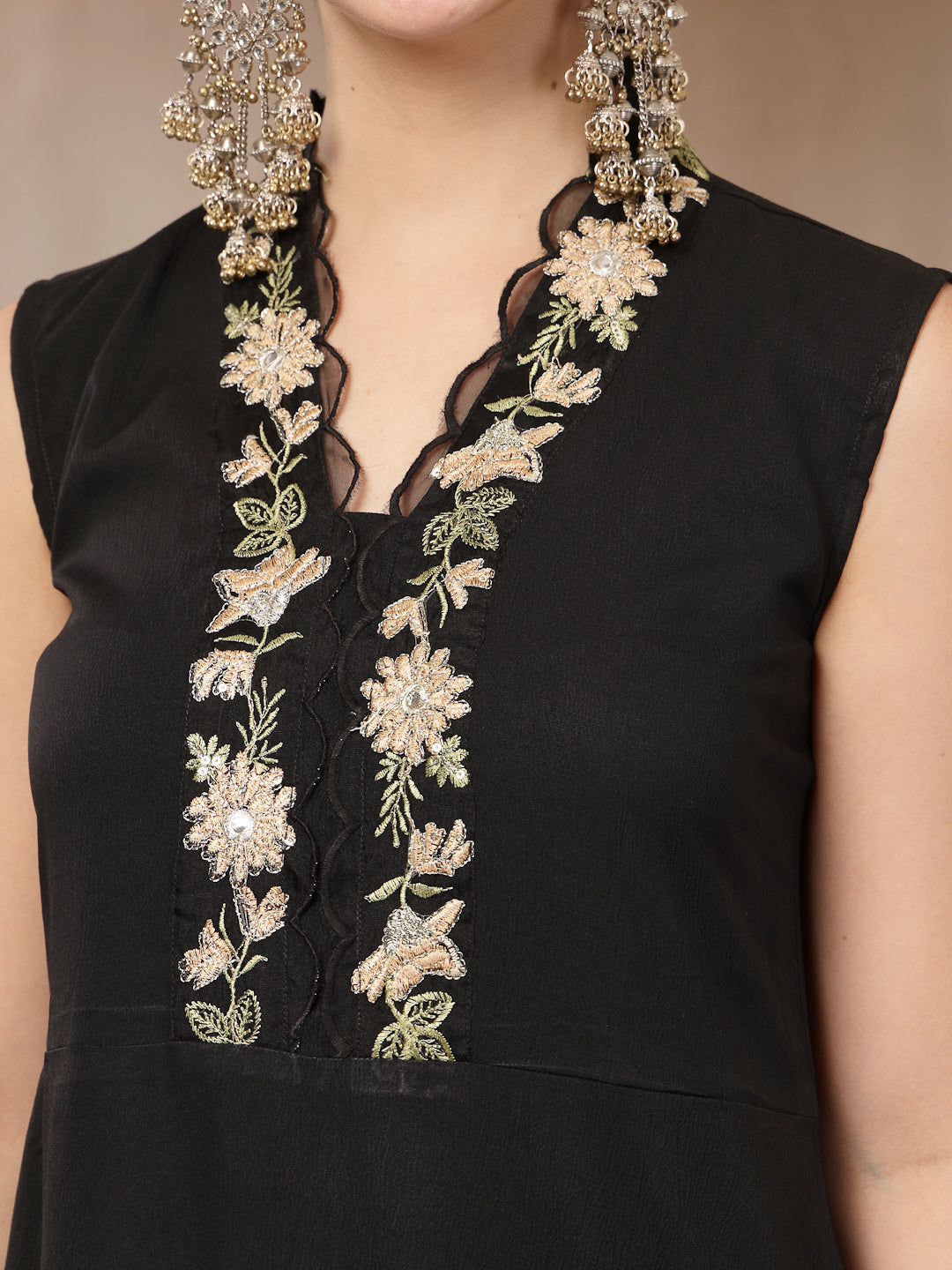 Black Solid & Embroidered Crepe A-Line Kurta With Dupatta