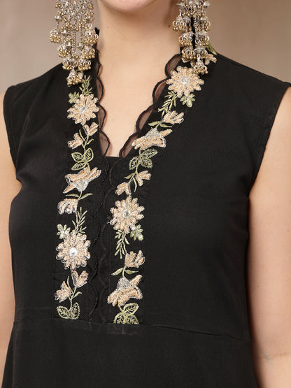Black Solid & Embroidered Crepe A-Line Kurta With Dupatta