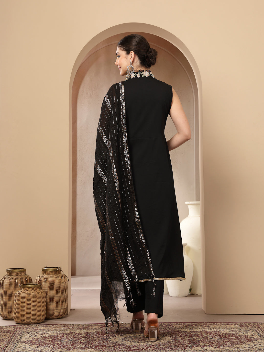 Black Solid & Embroidered Crepe A-Line Kurta With Dupatta