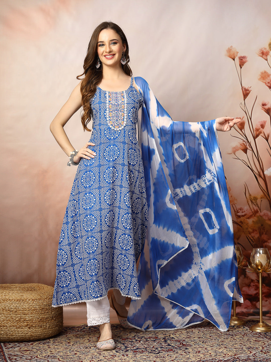 Blue Bandhani Printed & Embroidered Rayon A-Line Kurta Dupatta Set (Pre-Order)