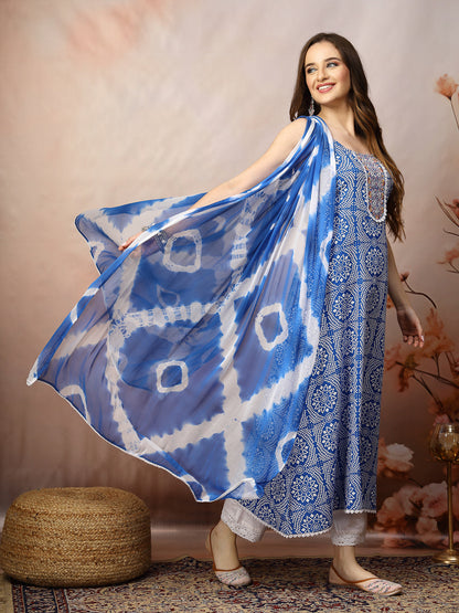 Blue Bandhani Printed & Embroidered Rayon A-Line Kurta Dupatta Set (Pre-Order)