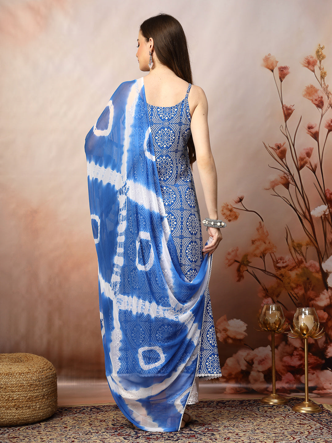 Blue Bandhani Printed & Embroidered Rayon A-Line Kurta Dupatta Set (Pre-Order)